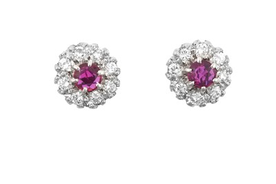 Lot 2399 - A Pair of Ruby and Diamond Cluster Earrings...