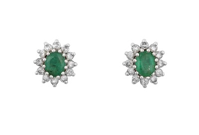 Lot 2262 - A Pair of 18 Carat Gold Emerald and Diamond...