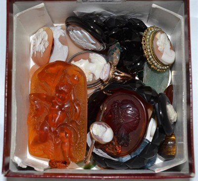 Lot 42 - A collection of shell cameo and other hardstone cabochon cut stones including two cameo mounted jet