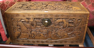 Lot 1390 - A Chinese Carved Camphor Wood Chest, 105cm by...