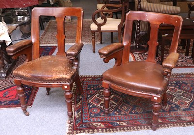 Lot 1415 - A Pair of Victorian Leather and Mahogany Elbow...