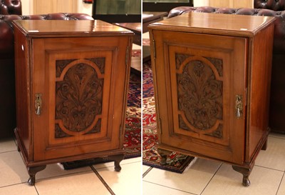 Lot 1446 - A Pair of Walnut Bedside Cabinets, with floral...