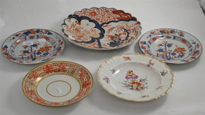 Lot 106 - Japanese Imari dish, two Chinese Imari plates, a Dresden plate and an English iron red and gilt...