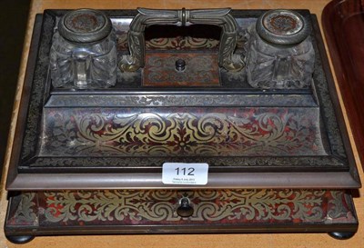 Lot 112 - A 19th century boulle style brass and tortoiseshell inlaid mahogany inkstand