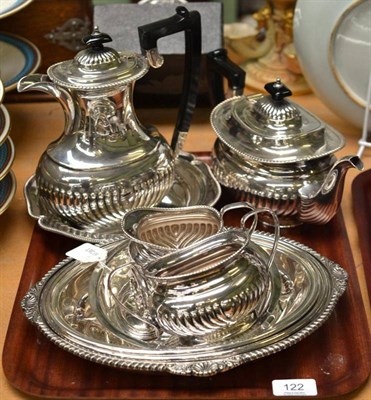 Lot 122 - Four piece electroplate tea set, two entree dishes and covers and a serving dish