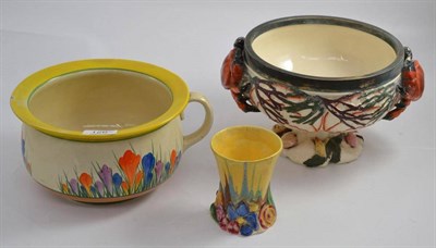Lot 126 - A Clarice Cliff chamber pot, a ";My Garden"; vase and an encrusted salad bowl (3)