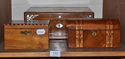Lot 133 - A Victorian rosewood and mother of pearl inlaid writing slope, a tea caddy and another caddy