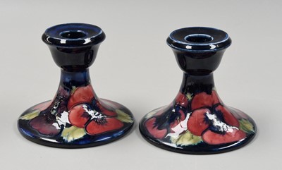 Lot 287 - A Pair of Dwarf Moorcroft Candlesticks, Pansy...