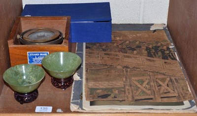 Lot 135 - A pair of jade bowls on stands, cased; an early Japanese woodblock print; a copy of Pao Hui Chi...