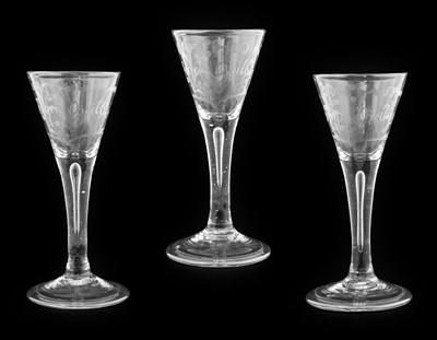 Lot 506 - A Set of Three Wine Glasses, circa 1740, the...