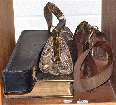 Lot 144 - Ukulele, barometer, brass bound bible, leather 'rent' bag and sundry