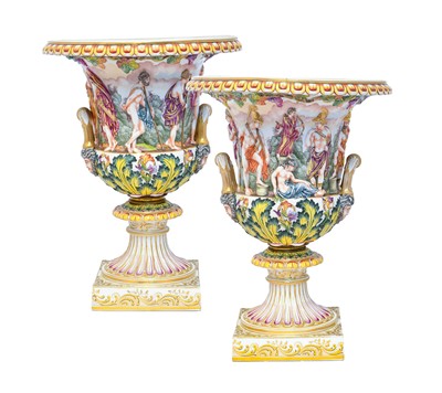 Lot 589 - A Pair of Capodimonte-Style Campana Vases,...