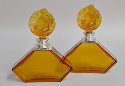 Lot 290 - A Pair of Art Deco Amber Glass Scent Bottles,...