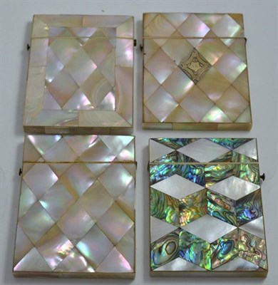 Lot 159 - Four mother of pearl card cases, one with abalone shell panels and another with a silver...