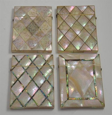 Lot 163 - Four mother of pearl card cases, each engraved with various flowers and decorative motifs, one with