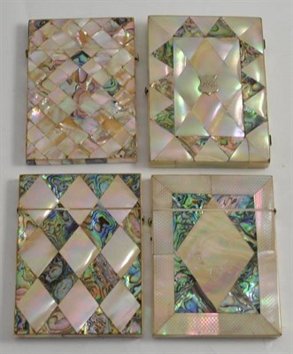 Lot 164 - Four mother of pearl card cases with abalone shell inlay, one with a silver cartouche.