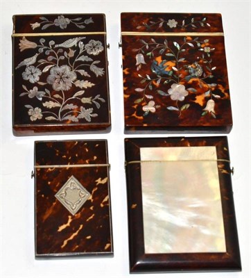 Lot 166 - Four tortoiseshell card cases; two with marquetry mother of pearl inlay, another with a mother...