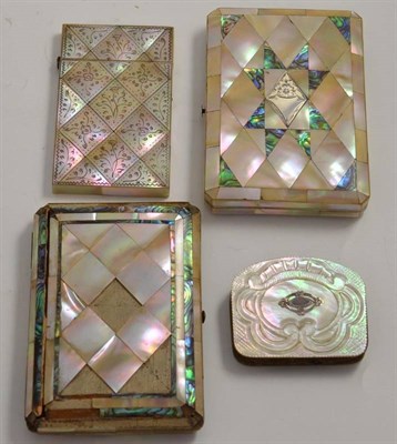 Lot 167 - Two hinged mother of pearl card cases with abalone shell inlay, another with engraved...
