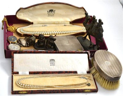 Lot 169 - A silver cigarette case, silver identity bracelet, pocket watch, two necklaces, bronzes etc