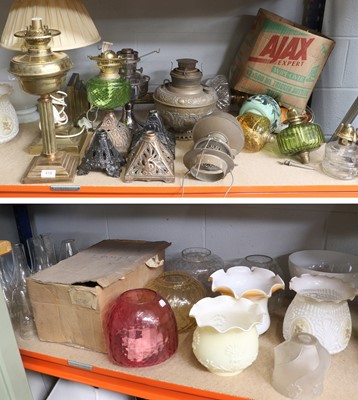 Lot 418 - A Collection of Various Oil Lamps, shades and...