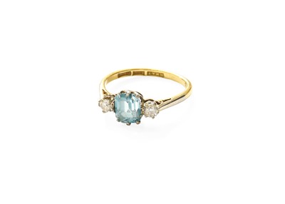 Lot 444 - A Blue Zircon and Diamond Three Stone Ring,...