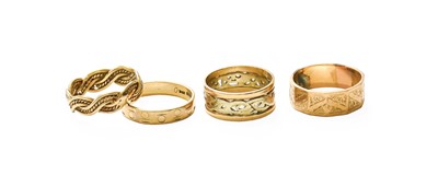 Lot 457 - Four 9 Carat Gold Band Rings, of varying...