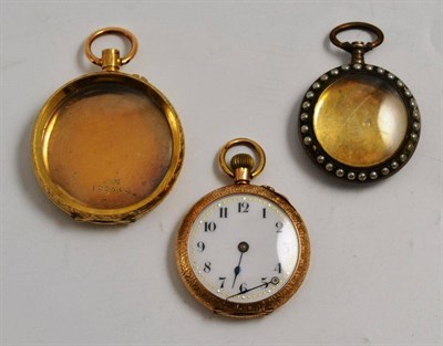 Lot 190 - A lady's gold fob watch with enamel back, an 18ct gold fob watch case and a silver fob watch...
