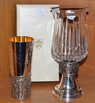 Lot 208 - Silver Hecter Miller for Aurum York Minister cup, cased; and a silver tea-light holder with...