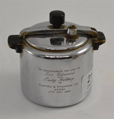 Lot 217 - Miniature model of a pressure cooker inscribed 'To Commemorate the Visit of Sir Edmund and Lady...