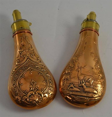 Lot 229 - Two copper powder flasks, one embossed with a stag at bay, and a horn handled walking stick