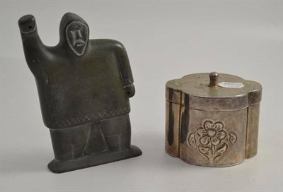 Lot 230 - Inuit stone figure, a silver metal box and cover and a Whistler engraving