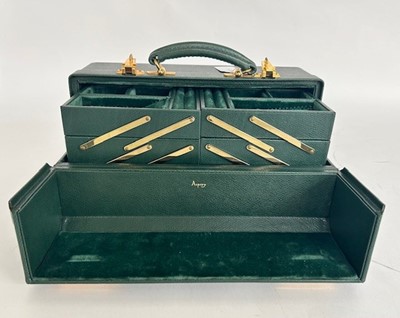 Lot 1058 - Green Leather Asprey Jewellery Case with twin...