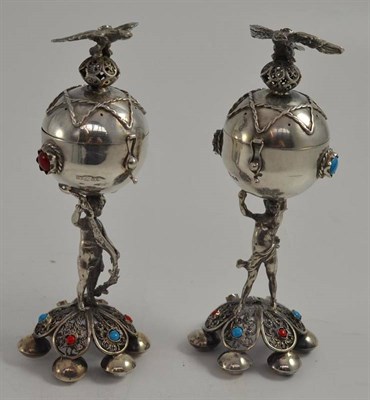 Lot 234 - A pair of Russian silver figural pommondiers modelled as a globe mounted with a crowned eagle...