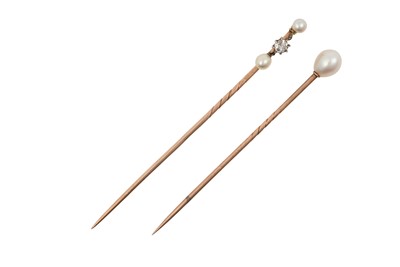 Lot 2388 - Two Pearl Stick Pins an oval shaped pearl on a...