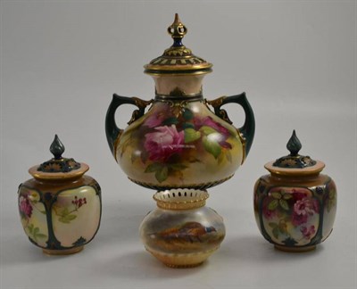 Lot 245 - A Royal Worcester vase and cover painted with roses (lid a.f.), two similar jars and covers and...