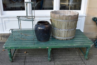 Lot 1265 - A Green Painted Slated Wooden Garden Table,...