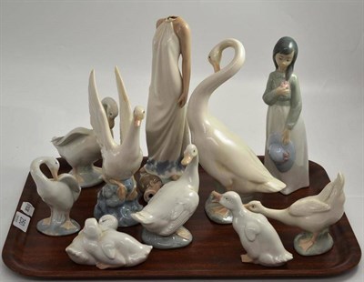 Lot 250 - A collection of eight Nao swans and signets and two models of women