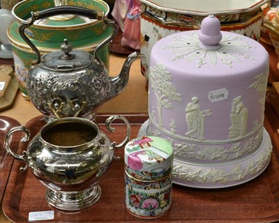 Lot 267 - Lilac ground Jasperware cheese dome and stand, Losolware cache pot etc