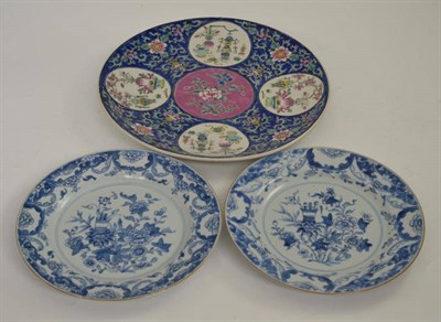 Lot 276 - A pair of 18th century Chinese blue and white plates, 23cm diameter and a Japanese famille rose...