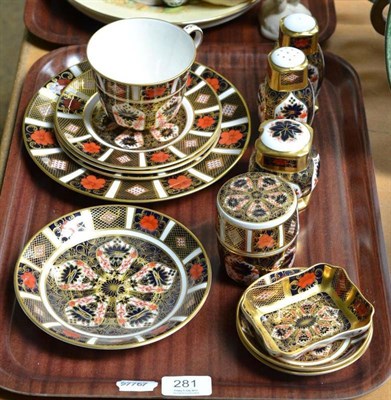 Lot 281 - Four Royal Crown Derby Imari plates, one cup and saucer, three piece condiment set, cigarette...