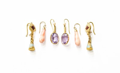 Lot 480 - Three Pairs of Drop Earrings, comprising of a...