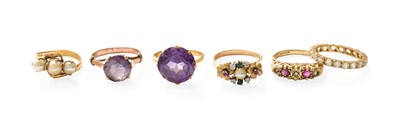 Lot 516 - Six Gem-Set Rings, including a 9 carat gold...