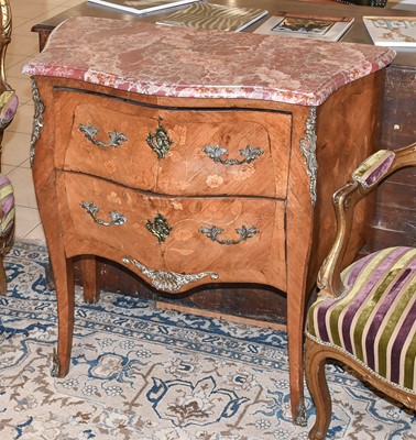 Lot 1401 - A French Marble Topped Inlaid Walnut Commode,...