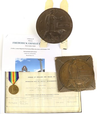 Lot 51 - A Victory Medal and Memorial Plaque with...