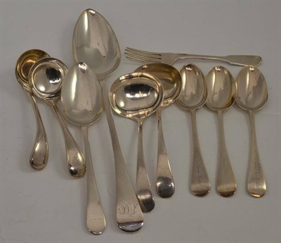 Lot 296 - Serving spoon, tablespoon, three dessert spoons and forks, four sauce ladles