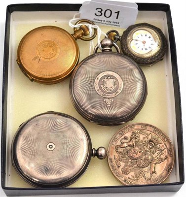 Lot 301 - Two silver full hunter pocket watches, gold plated hunter pocket watch and a Continental fob...