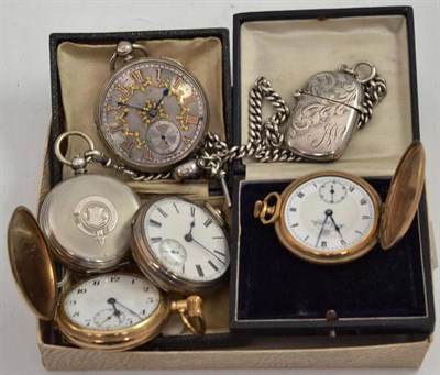 Lot 302 - Two plated pocket watches, two silver pocket watches, pocket watch with case stamped 0.800,...