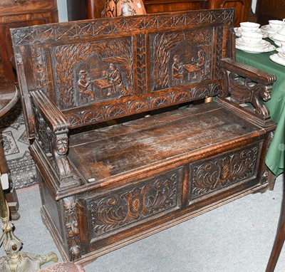 Lot 1416 - A 1920's Carved Oak Monks Bench, 122cm by 44cm...