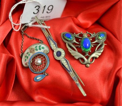 Lot 319 - An enamel and pearl set pendant, by Charles Hornes, an Art Nouveau brooch and an enamel bar...