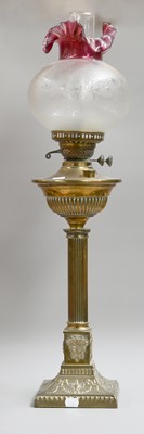 Lot 435 - A Victorian Brass Column Oil Lamp, with etched...